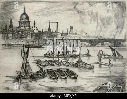 La Cathédrale St Paul, Blackfriars Bridge et bateaux sur la Tamise, Londres, 1914. Artiste : E Wilson. Banque D'Images