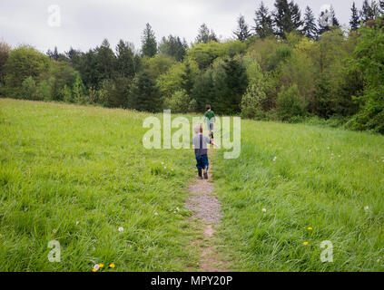 Vue arrière de la marche sur le sentier au milieu de frères grassy field against sky Banque D'Images