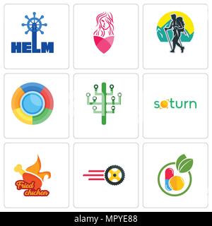 Ensemble de 9 icônes modifiable simple comme l'homéopathie, l'entreprise de pneus, du poulet frit, Saturne, arbre numérique, trekking, coiffure, tête, ne peut être utilisé pour le mobile, Illustration de Vecteur