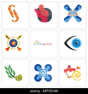 Ensemble de 9 icônes modifiable simple tels que les confiseries, drones, feuilles d'olivier, eyeball, maternelles, tir à l'arc, snowboard, boxeur, crevettes, peut être utilisé pour Illustration de Vecteur