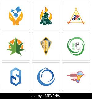 Ensemble de 9 icônes modifiable simples tels que des services de traiteur, import export, s'hexagone, l'uce Réutiliser Recycler, chevalier, chef de la feuille de mauvaises herbes, billard, pompiers, chem Illustration de Vecteur