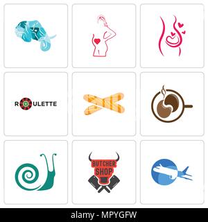 Ensemble de 9 icônes modifiable simple comme l'avion, boucherie, escargots, café, baguette, la roulette, la grossesse, la maternité, la tête d'éléphant, peut être utilisé fo Illustration de Vecteur