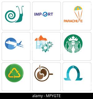 Ensemble de 9 icônes modifiable simple comme horseshoe, café, recycler réutiliser l'uce, Starbucks, installation, avion, parachute, l'importation, escargots, peut être utilisé pour Illustration de Vecteur