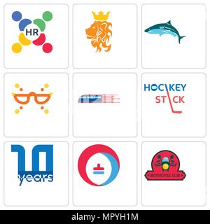 Ensemble de 9 icônes modifiable simple comme club de moto, chauffage refroidissement, 10 ans, bâton de hockey, chemin de fer, la mascarade, lion royal, des ressources humaines, peuvent Illustration de Vecteur