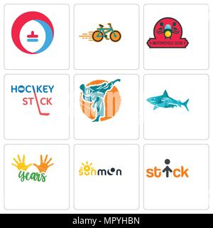 Ensemble de 9 icônes modifiable simple comme stick figure, Sun Moon, 10 ans, les requins, les arts martiaux, bâton de hockey, club de moto, Bike Shop, chauffage cooli Illustration de Vecteur