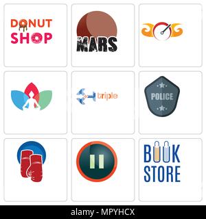 Ensemble de 9 icônes modifiable simple comme magasin de livre, pause, gants de boxe, insigne de police, triple, chakra, compteur, mars, donut shop, peut être utilisé pour Illustration de Vecteur