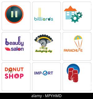 Ensemble de 9 icônes modifiable simple comme des gants de boxe, l'importation, la beignerie, parachute, de grâce, de beauté, de l'installation, billard, pause, peut être de nous Illustration de Vecteur