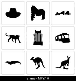 Ensemble de 9 icônes modifiable simple comme le kangourou, alligator, train, débardeur, cheetah, Louisiane, gorille, chapeau de cowboy, peut être utilisé pour le mobile, web Illustration de Vecteur