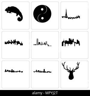 Ensemble de 9 icônes modifiable simple comme le wapiti head, Maryland, Pennsylvanie, Maryland, Minnesota, Paris, Yin Yang, caméléon, peut être utilisé pour mobile Illustration de Vecteur