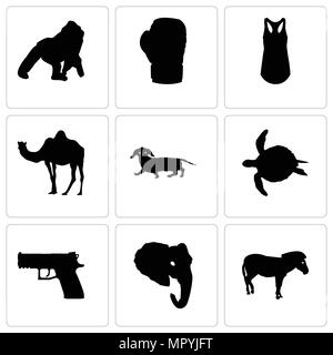 Ensemble de 9 icônes modifiable simple comme la moule, tête d'éléphant, handgun, tortues de mer, teckel, camel, débardeur, gant de boxe, gorille, peut être utilisé pour le m Illustration de Vecteur