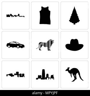 Ensemble de 9 icônes modifiable simple comme le kangourou, le new jersey, virginia state, cowboy hat, lion, voiture de police, arbre de Noël, débardeur, Cuba, peuvent être utilisés Illustration de Vecteur