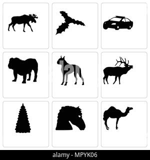 Ensemble de 9 icônes modifiable simple comme le chameau, le cheval face, arbre de Noël, le wapiti, boxer, bulldog, voiture de police, le gui, l'orignal, peut être utilisé pour le mobile, w Illustration de Vecteur