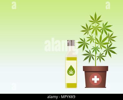 Plante de la marijuana et de l'huile de cannabis. L'huile de chanvre dans un bocal. CBD huile de chanvre produits. Bouteille de verre d'huile des maquettes. L'étiquette du produit et l'emballage graphique logo modèl Illustration de Vecteur