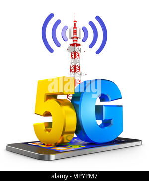 5G sur le smartphone et sur une tour de communications. Le rendu 3d. Banque D'Images