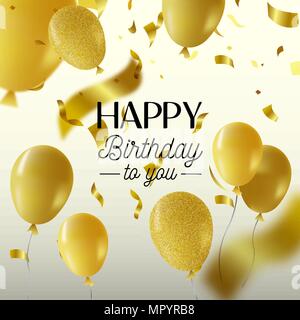 Joyeux anniversaire carte de vœux ou invitation à une fête. Design de luxe avec des ballons d'or, texte citer et golden confetti décoration. Vecteur EPS10. Illustration de Vecteur