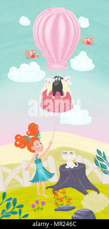 Une illustration d'une fille flying un ballon à air chaud avec des moutons en elle. Banque D'Images