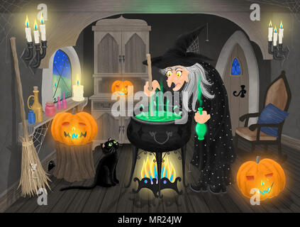 Une illustration numérique d'une sorcière en remuant son magic brew dans son chalet entouré de citrouilles d'halloween. Banque D'Images