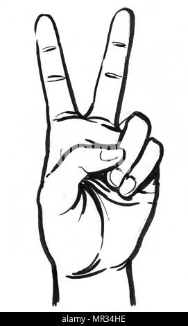 Main montrant la victoire. Dessin noir et blanc Encre Banque D'Images