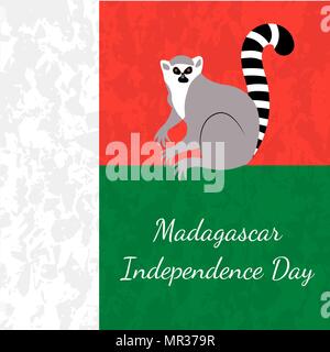 Date de l'indépendance de Madagascar. 26 juin. Concept d'une fête nationale. Pavillon de Madagascar, lemur, texture grunge Illustration de Vecteur