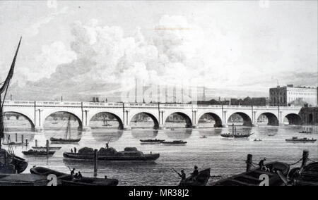 Gravure représentant Waterloo Bridge sur la Tamise. Construit par John Rennie l'ancien (1761-1821) un ingénieur civil écossais qui a conçu de nombreux ponts, canaux, et sur les quais. En date du 19e siècle Banque D'Images