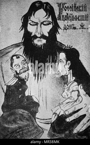 Caricature de Grigori Raspoutine serrant Nicolas II et l'impératrice Alexandra. La bande dessinée est en commentant le contrôle Raspoutine détient plus de la famille royale. Grigori Raspoutine (1869-1916) un mystique russe et l'auto-proclamé saint homme qui a traité en ami de la famille du tsar Nicolas II et a acquis une influence considérable à la fin de la Russie impériale. En date du 20e siècle Banque D'Images