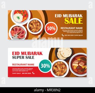 Eid Mubarak vente banner bon avec l'arrière-plan de l'alimentation. Ramadan Kareem vector illustration. Utiliser pour couvrir, affiche, dépliant, brochure, label, coupon emplat Illustration de Vecteur