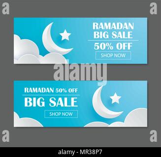 Ramadan Kareem vente design de bannières avec croissant de lune art fond papier. Utilisation pour carte de voeux, affiche, dépliant, brochure, vector illustration modèl Illustration de Vecteur