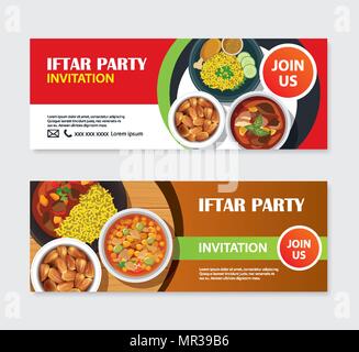 L'Iftar invitations de partie carte de souhaits et de bannière avec arrière-plan alimentaire. Eid Mubarak vector illustration. Utiliser pour couvrir, affiche, dépliant, brochure, étiquette, Illustration de Vecteur