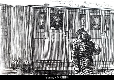 Illustration montrant un train guard qui souffle dans un sifflet pour indiquer que le train est sur le point de partir. En date du 19e siècle Banque D'Images