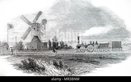 Illustration William Prosser's train roulant sur rails en bois. En date du 19e siècle Banque D'Images