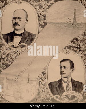 Illustration célébrant l'ouverture de la télégraphie sans fil, entre Paris et Casablanca, montrant les hommes dont les travaux ont permis : Édouard Branly et Guglielmo Marconi. Édouard Branly (1844-1940), un inventeur français, physicien et professeur à l'Institut Catholique de Paris. Guglielmo Marconi (1874-1937) un inventeur italien et ingénieur en génie électrique. En date du 20e siècle Banque D'Images