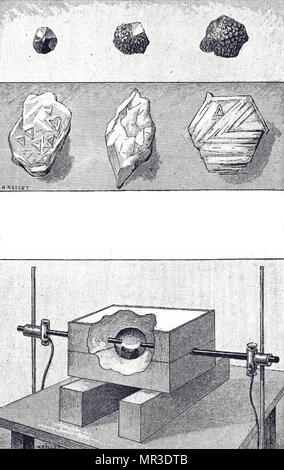 Coupe de la fournaise électrique utilisé par Henri Moissan pour produire des diamants artificiels, par la compression de sucre pur Charbon de bois dans un cylindre de fer doux avec un bouchon en fer doux. Henri Moissan (1852-1907), un chimiste français qui a gagné le Prix Nobel de chimie 1906 pour ses travaux sur le fluor d'isolement de ses composés. En date du 19e siècle Banque D'Images