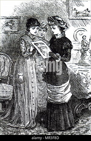 Illustration représentant trois jeunes femmes la lecture d'un magazine. En date du 19e siècle Banque D'Images