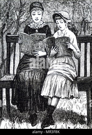 Illustration représentant deux jeunes femmes lisant sur un banc de parc. En date du 19e siècle Banque D'Images