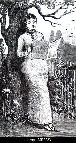 Illustration représentant une jeune dame lecture dans le jardin. En date du 19e siècle Banque D'Images