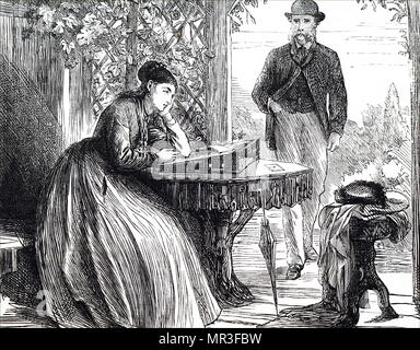 Illustration représentant une jeune femme à l'aide d'une pente d'écriture comme elle écrit sa lettre. Illustré par Matthew White Ridley (1837-1888) un artiste britannique. En date du 19e siècle Banque D'Images