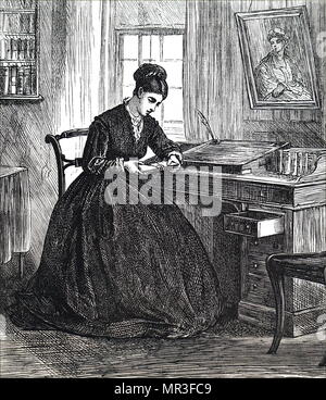 Illustration représentant une jeune femme à l'aide d'une pente d'écriture comme elle écrit sa lettre. Illustré par Matthew White Ridley (1837-1888) un artiste britannique. En date du 19e siècle Banque D'Images