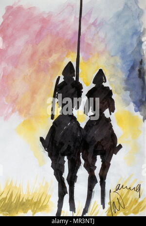 Don Quichotte et Sancho Panza, aquarelle, de François CAVANNA (1923 -2014). Cavanna était un auteur français et éditeur de journaux satiriques. Il a contribué à la création et au succès de Hara-Kiri et Charlie Hebdo. Don Quichotte, était un roman espagnol de Miguel de Cervantes Saavedra. Publié en deux volumes, en 1605 et 1615, Banque D'Images