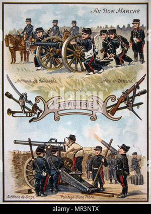 Carte chromolithographie montrant des soldats français (cadets), dans l'action à l'aide de l'artillerie. 1890 Banque D'Images