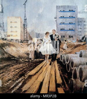 Peinture de l'artiste russe soviétique, Youri Pimenov, un mariage sur la rue demain 1962. Iouri Pimenov (1903-1977) était un peintre soviétique Banque D'Images