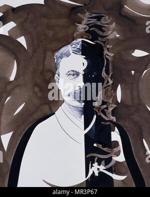 Guy de Maupassant. Portrait sur une affiche par Raymond Moretti (1931-2005), un peintre et sculpteur français. Henri René Albert Guy de Maupassant (1850 - 1893) est un écrivain français, connu comme un maître de la nouvelle, et qu'un représentant de l'école d'écrivains naturalistes Banque D'Images