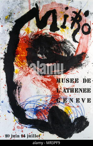 Style surréaliste lithographie vers 1973, par l'artiste espagnol Joan Miro.(1893 - 1983), peintre, sculpteur et céramiste né à Barcelone. Affiche pour l'exposition au Musée de l'Athenée Genève Banque D'Images