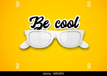 Être Cool message avec lunettes blanches sur un fond jaune vif. Le rendu 3D Banque D'Images