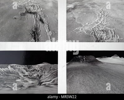 Collection de photographies prises de la planète Mars. (Rangée du haut : de gauche à droite) une vision de l'ouest à partir de 125 miles au-dessus de la surface montrant un système de canyons. Labyrinthus Noctis, un système complexe d'Interwoven canyons. (Rangée du bas : de gauche à droite) une vue de la partie nord de Valles Marineris. Au loin, à environ 1 900 milles de distance sont les volcans Pavonis Mons (à gauche) et Ascraeus Mons (à droite). Une vue du nord de Tharsis Montes, une série de volcans géants. En date du 20e siècle Banque D'Images