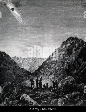 Gravure illustrant l'éclipse solaire de 1878, tel qu'observé à partir de la Californie et montrant corona irradiant loin de l'équateur solaire. En date du 19e siècle Banque D'Images
