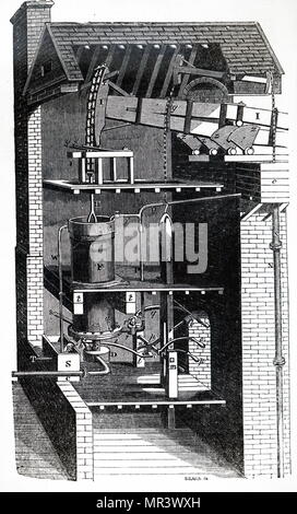 Gravure représentant une adaptation de la machine à vapeur atmosphérique Newcomen. La chaudière est en dehors de l'image à gauche, mais la culasse F) est bien visible, comme c'est le récepteur E) qui empêche l'eau froide pour la condensation de la vapeur d'entrer dans la chaudière. En date du 19e siècle Banque D'Images