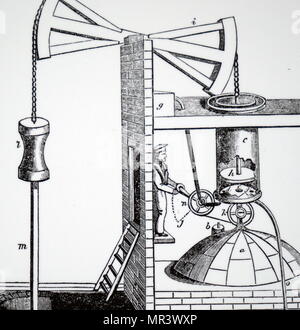 Gravure représentant une adaptation de la machine à vapeur atmosphérique Newcomen. La chaudière est en dehors de l'image à gauche, mais la culasse F) est bien visible, comme c'est le récepteur E) qui empêche l'eau froide pour la condensation de la vapeur d'entrer dans la chaudière. En date du 19e siècle Banque D'Images