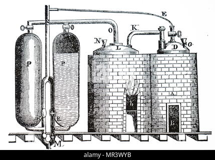 Diagramme illustrant l'Savery Thomas machine à vapeur de 1699 pour pomper de l'eau provenant des mines. Double furnace (à droite) avec des chaudières à vapeur, dont le laissez-passer pour les cylindres (PP) qu'il est refroidi, qui cause vide partiel (PP) qui aspire l'eau par le tube M. Thomas Savery (1650-1715), un inventeur et ingénieur français. En date du 19e siècle Banque D'Images