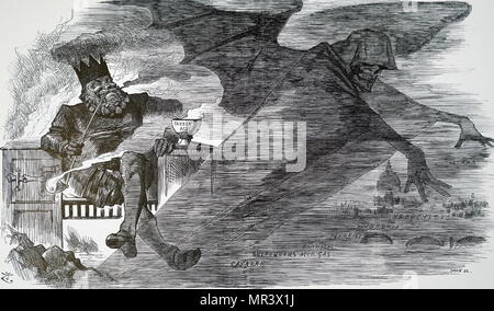 Caricature montrant les effets de la combustion du charbon sur Londres. 'Old King Coal" est indiqué à l'aide d'un éventail de cuisine typique comme un fauteuil, tandis que le spectre de brouillard plane sur la ville souffrant de ses vapeurs suffocantes. Illustré par John Tenniel (1820-1914), un illustrateur anglais humoriste graphique, et caricaturiste politique. Il a été fait chevalier pour ses réalisations artistiques en 1893. En date du 19e siècle Banque D'Images