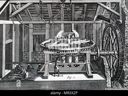 Diagramme illustrant un moulin utilisé pour le broyage de la canne à sucre avec rouleaux verticaux, propulsé par une roue à eau d'alimentation. En date du 18e siècle Banque D'Images